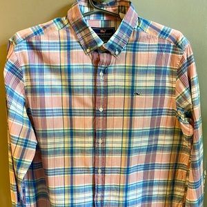 Vineyard Vines Pink Plaid Whale shirt XL.